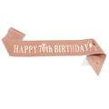 Rose gold glitter Happy 70th Birthday sash with gold lettering and pin for women - One Size / 70 Years Old - Rose Gold