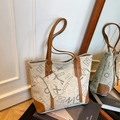 Retro cream tote bag with letter print and brown leather trim, includes small coin pouch - Gray