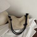 Borsa tote leggera in paglia intrecciata beige con tracolla nera e grande capacità - Nero