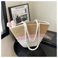 Sac fourre-tout tissé à rayures tricolores kaki, rose et blanc avec anses en corde - Rose Sans Écharpe