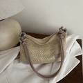 Borsa a spalla in paglia beige con tracolla in pelle rosa cipria e nodo decorativo - Cachi