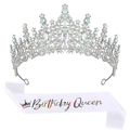 Corona di strass argento e fascia in raso bianco con scritta Birthday Queen arcobaleno - Strass AB Argento + Fascia in Raso (Queen)