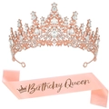 Set corona di strass oro rosa e fascia in raso rosa con scritta Birthday Queen - Oro Rosa + Fascia in Raso (Queen)