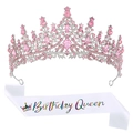 Set Birthday Queen con fascia in raso bianco e corona d'argento con strass rosa brillanti - Rosa + Fascia in Raso (Queen)