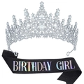Silberne Kristall-Tiara mit schwarzer holografischer Birthday Girl Schärpe Set - Schwarz Irisierende Schärpe Mit Silber Tiara Birthday Girl