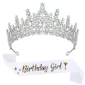 Tiara in strass argento e fascia Birthday Girl in raso bianco con scritta arcobaleno - Argento + Fascia in Raso Colorata (Girl)