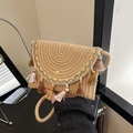 Bohemian woven crossbody bag in beige featuring spiral texture and colorful tassels - Khaki