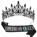 Tiara di cristallo argento con strass neri e set di fascia Birthday Queen olografica - Corona Nera Con Set Iridescente Nero Birthday Queen