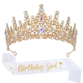 Golden rhinestone crown and white satin Birthday Girl sash set for birthday parties - Silver AB Rhinestone + Satin Sash (Girl)