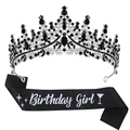 Silver birthday crown with black rhinestones and black Birthday Girl satin sash set - Black + Satin Sash (Girl)