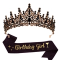 Birthday Bitch sash in purple with a vintage bronze crown set with black rhinestones - Black + Glitter Sash (Girl)