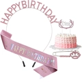 Ensemble anniversaire rose avec serre-tête pailleté, écharpe, épingle couronne et topper - Taille unique / Ensemble de fête rose Happy Birthday+ (FG093)