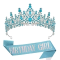 Corona di compleanno in cristallo blu e fascia glitterata coordinata con scritte - Set Blu Lago Birthday Girl