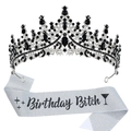 Birthday Bitch set with black rhinestone crown and silver glitter sash for party girls - Black + Glitter Sash (Bitch)