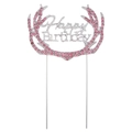 Pink rhinestone antler Happy Birthday cake topper with silver metal frame decoration - Pink