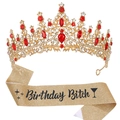 Golden crown with ruby rhinestones and Birthday Bitch sash set for party accessories - Red + Glitter Sash (Bitch)