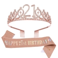 Kit 21e anniversaire or rose avec diadème en cristal et écharpe rose pailletée - 21 Ans / Style Irisé Or Rose