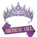 Set compleanno con corona di cristallo viola e fascia glitter viola con scritte oro - Set Viola Birthday Girl