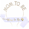 Detail of Mom to Be set with a rhinestone gold headband and white satin gold-foil sash - Gold+White Set (FG083+JD070)