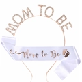 Rose gold Mom to Be tiara and white satin sash set for baby shower party decorations - Rose Gold Set