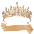 Set aus goldener Kristallkrone und champagnerfarbener Brautschärpe für Hochzeitsfeiern - Gold Schillernd Set (Satin) (HG003+JD113)