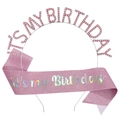 Close-up of pink rhinestone birthday headband and glitter sash party accessory set - Glitter Sash Set (Pink)