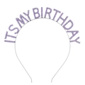 Detailansicht des glitzernden lila Strass Birthday Girl Haarreifs mit Metallrahmen - Lila
