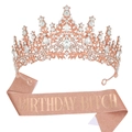 Rose gold birthday party accessory set with sparkling rhinestone crown and glitter sash - Rose Gold + Glitter Sash (BITCH)