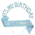 Blue rhinestone 'IT'S MY BIRTHDAY' headband and glitter sash set for party celebrations - Glitter Sash Set (Lake Blue)