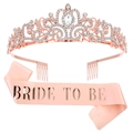 Rose gold crystal crown and pink satin Bride To Be sash set for bridal party celebrations - Rose Gold (Satin Fabric)