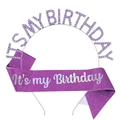 Sparkling purple rhinestone birthday headband set with glitter sash for party girls - Glitter Sash Set (Purple)