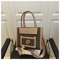 Braune Monogramm-Tragetasche mit beigem Lederbesatz und breitem Stoffschultergurt - Khaki