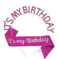 Pink rhinestone IT'S MY BIRTHDAY metal headband and matching glitter sash set - Glitter Sash Set (Rose Red)