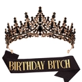 Rose gold birthday crown with black gems and matching black Birthday Bitch satin sash - Black Gold + Glitter Sash (BITCH)