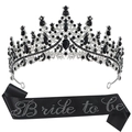 Κομψό σετ με μαύρη κορδέλα Bride to be και ασημένιο κρυστάλλινο στέμμα για γάμους - Μαύρο Σετ (Σατέν) (HG003+JD113)