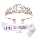 Kit 13e anniversaire en or rose avec couronne strass et écharpe en satin blanc - 13 Ans / Style Satin Blanc