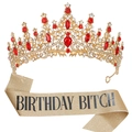 Gold birthday tiara with red teardrop rhinestones and matching glittery sash - Red + Glitter Sash (BITCH)