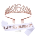Set d'anniversaire 16 ans or rose avec diadème étincelant et écharpe en satin blanc - 16 Ans / Style Satin Blanc