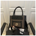 Brown monogram tote bag with black leather trim and golden M-logo plaque detail - Coffee