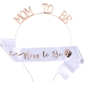 Serre-tête Mom to Be or rose et écharpe en satin blanc pour fête prénatale - Ensemble Or Rose (FG152+JD070)