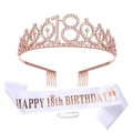 Kit 18e anniversaire or rose avec couronne strass et écharpe en satin blanc Happy Birthday - 18 Ans / Style Satin Blanc