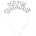 Silver rhinestone birthday headband featuring It's My Birthday script for women - Silver