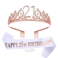 Set 21e anniversaire or rose avec diadème strass, écharpe en satin blanc et épingle - 21 Ans / Style Satin Blanc