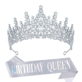 Set corona di cristallo argento e fascia Birthday Queen glitterata per festa di compleanno - Set Argento Iridescente Birthday Queen