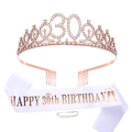 Kit 30ème anniversaire avec couronne or rose et écharpe blanche à texte doré - 30 Ans / Style Satin Blanc