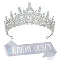 Set Birthday Queen argento con corona di strass scintillanti e fascia glitterata party - Set Argento Strass AB Iridescente Birthday Queen