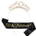 50th Birthday Party Set: Gold Rhinestone Tiara and Black 50 & Fabulous Sash for Women - 50th Birthday Gold Kit
