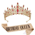 Tiara di lusso dorata con cristalli rossi e fascia Birthday Queen color champagne - Set Oro Strass Rosso Birthday Queen