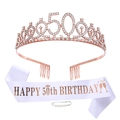 Kit 50 ans anniversaire avec diadème strass or rose et écharpe en satin blanc chic - 50 Ans / Style Satin Blanc