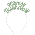 Silver metal birthday headband featuring vibrant green rhinestone It's my birthday text - Green